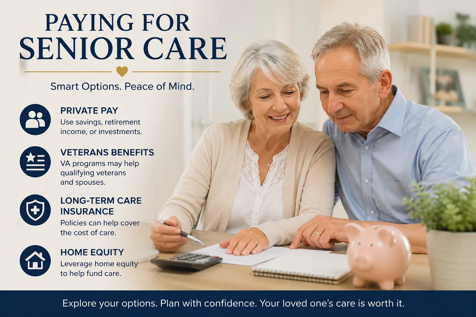 Paying for Senior Care — smart options: private pay, veterans benefits, long-term care insurance, home equity